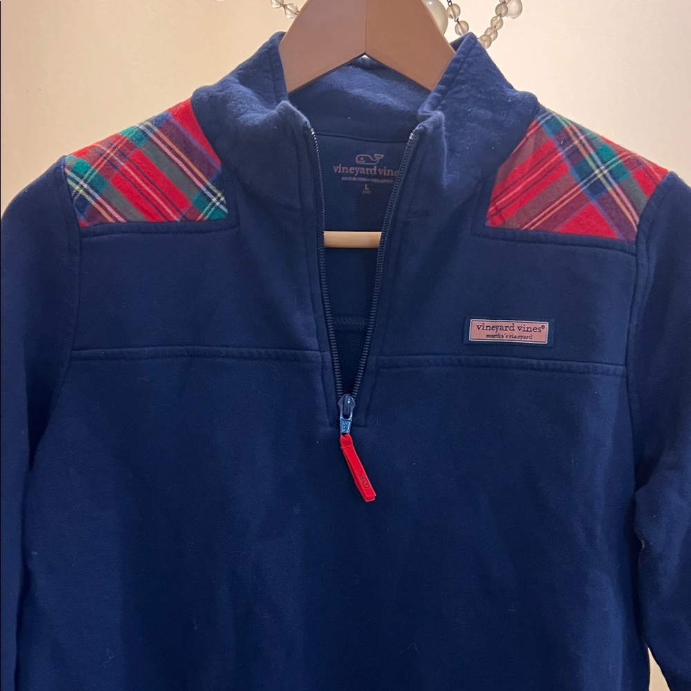 Vineyard Vines Navy Quarter-Zip Sweater with Red Plaid Accents